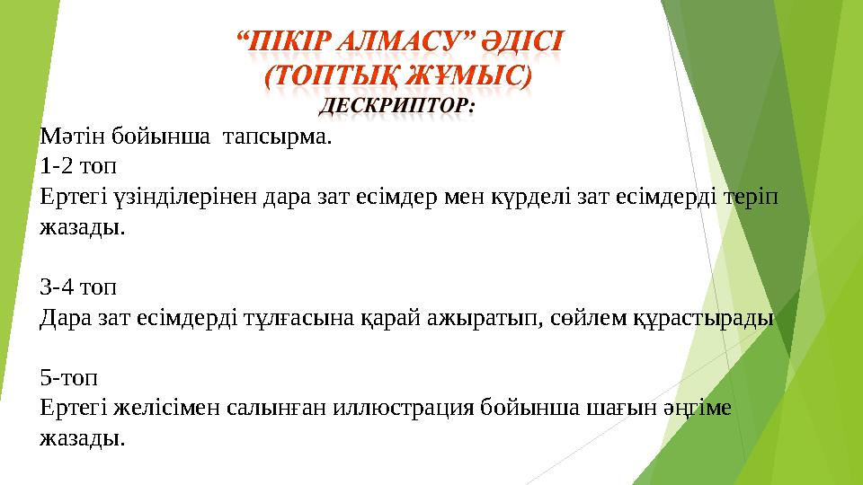Мәтін бойынша тапсырма. 1-2 топ Ертегі үзінділерінен дара зат есімдер мен күрделі зат есімдерді теріп жазады. 3-4 топ Дара