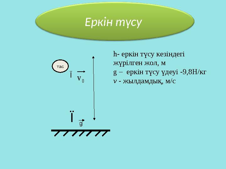 Еркін түсу h- еркін түсу кезіндегі жүрілген жол, м g – еркін түсу үдеуі -9,8 Н/кг v - жылдамдық, м/стас Ї Ї0 v g