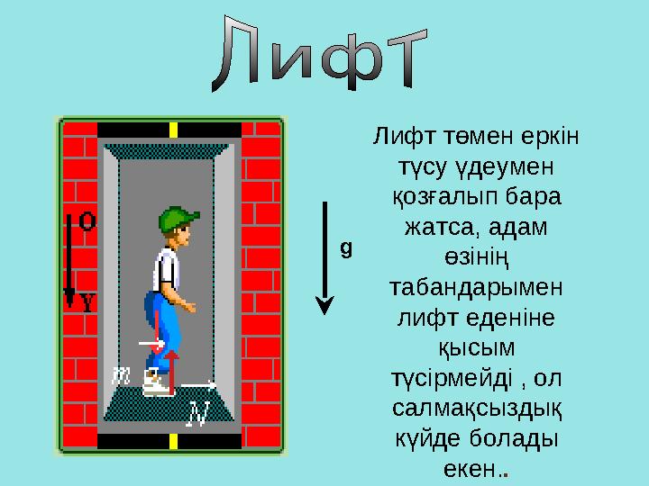 g Лифт төмен еркін түсу үдеумен қозғалып бара жатса, адам өзінің табандарымен лифт еденіне қысым түсірмейді , ол салмақ