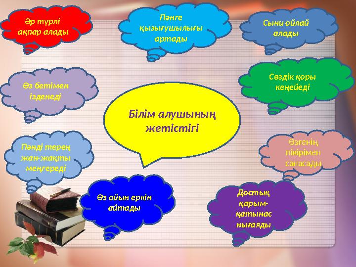 Сөздік қоры кеңейедіӘр түрлі ақпар алады Пәнге қызығушылығы артады Өз бетімен ізденеді Сыни ойлай алады Өзгенің пікіріме