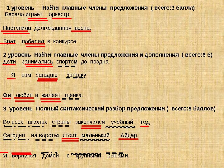 1 уровень Найти главные члены предложения ( всего:3 балла) Весело играет оркестр. Наступила долгожданная вес