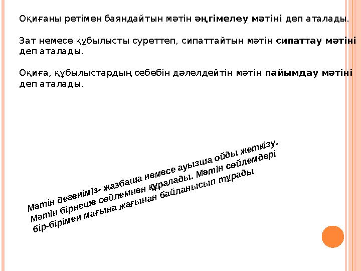 М әт ін д еген ім із- ж азб аш а н ем есе ауы зш а о й д ы ж ет кізу. М әт ін б ір н еш е сө й л ем н ен құр ал ад ы . М