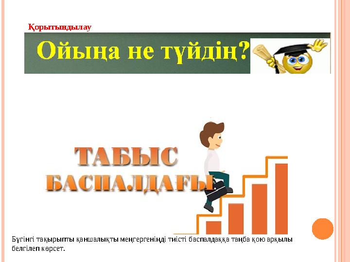 Қорытындылау Бүгінгі тақырыпты қаншалықты меңгергеніңді тиісті баспалдаққа таңба қою арқылы белгілеп көрсет.