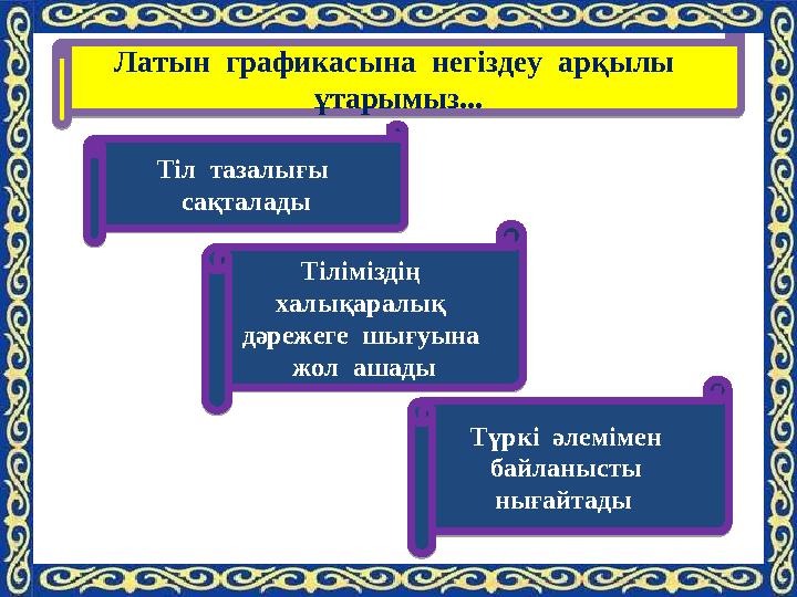 Латын графикасына негіздеу арқылы ұтарымыз... Тіл тазалығы сақталады Түркі әлемімен байланысты нығайтады Тілімізді