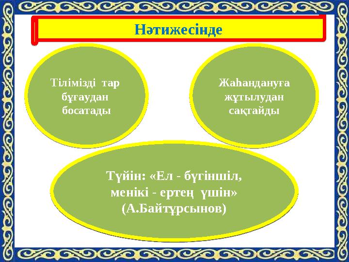 Нәтижесінде Тілімізді тар бұғаудан босатады Түйін: «Ел - бүгіншіл, менікі - ертең үшін» (А.Байтұрсынов) Жаһандануға жұт
