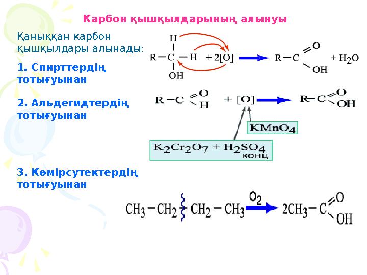 Карбон қышқылдарының алынуы Қаныққан карбон қышқылдары алынады: 1. Спирттердің тотығуынан 2. Альдегидтердің тотығуынан 3. Көм