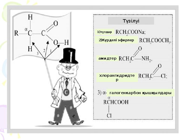 Түзілуі 1)тұздар 2)Күрделі эфирлер амидтер хлорангидридте р галогенкарбон қышқылдары