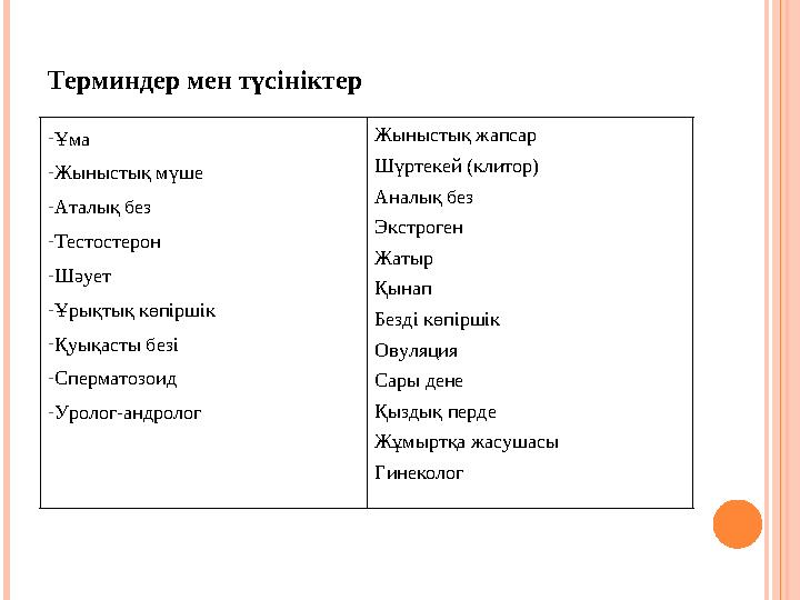 Терминдер мен түсініктер - Ұма - Жыныстық мүше - Аталық без - Тестостерон - Шәует - Ұрықтық көпіршік - Қуықасты безі - Сперматоз