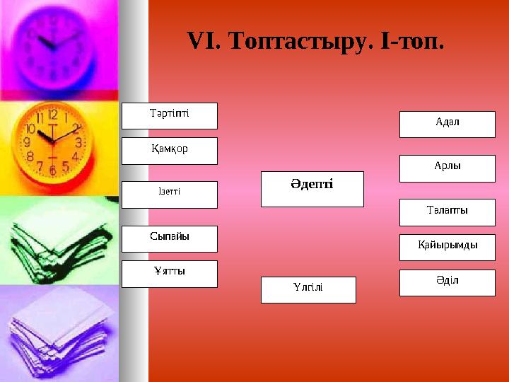 VІ. Топтастыру. І-топ. ӘдептіТәртіпті Қамқор Ізетті Сыпайы Қайырымды Талапты Арлы Ұятты Адал Әділ Үлгілі