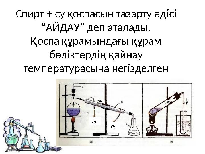 Спирт + су қоспасын тазарту әдісі “АЙДАУ” деп аталады. Қоспа құрамындағы құрам бөліктердің қайнау температурасына негізделген