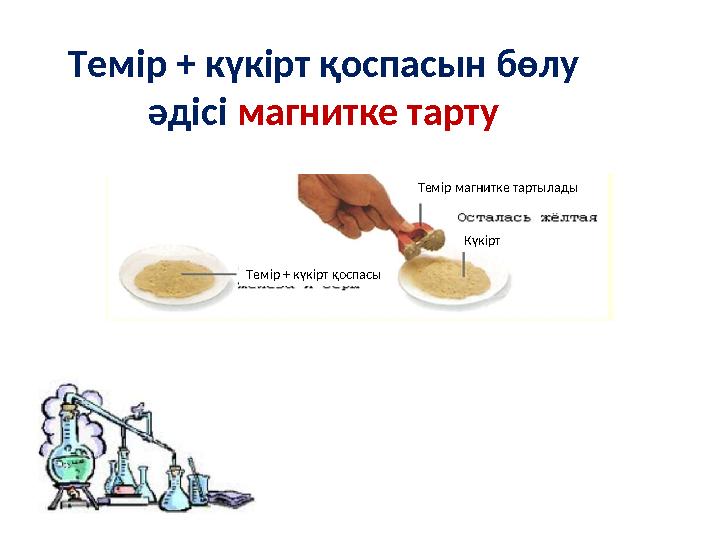 Темір магнитке тартылады Күкірт Темір + күкірт қоспасыТемір + күкірт қоспасын бөлу әдісі магнитке тарту