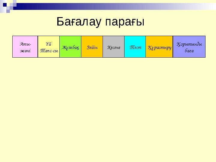 Бағалау парағы Ат ы- жөні Үй Тапс-сы ТестЗейін Кесене Қорытынды бағаҚұрастыруЖұмбақ