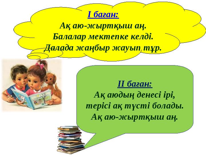 ІІ баған: Ақ аюдың денесі ірі, терісі ақ түсті болады. Ақ аю-жыртқыш аң.І баған: Ақ аю-жыртқыш аң. Балалар мектепке келді. Да