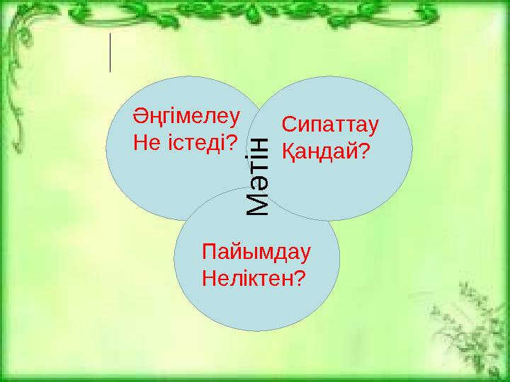 М ә т ін Әңгімелеу Не істеді? Пайымдау Неліктен? Сипаттау Қандай?