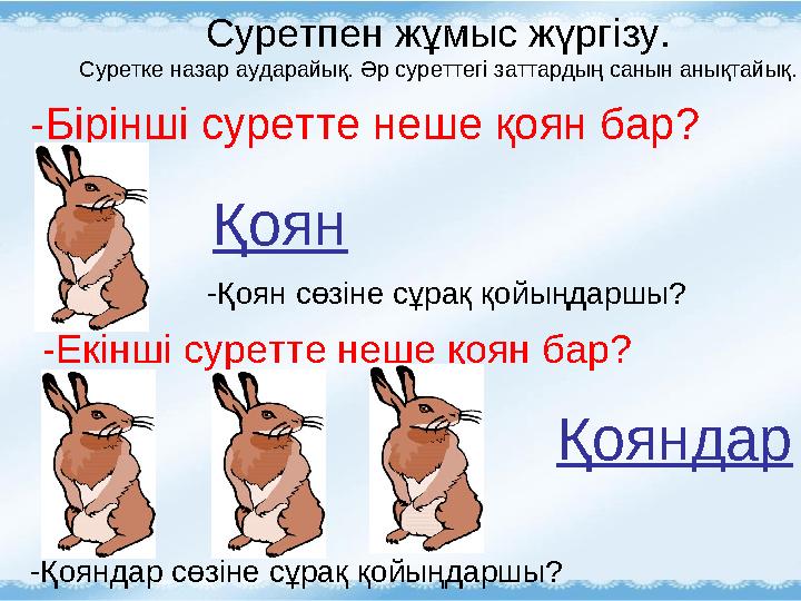 Суретпен жұмыс жүргізу. Суретке назар аударайық. Әр суреттегі заттардың санын анықтайық. -Бірінші суретте неше қоян бар? -Қоян с
