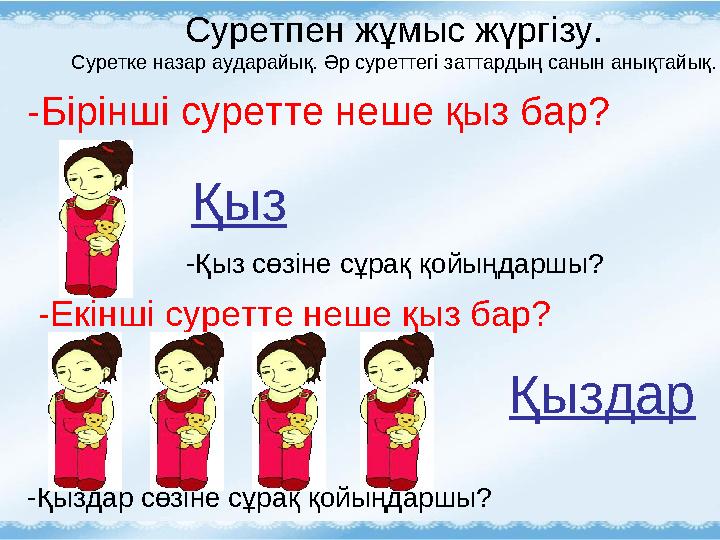 Суретпен жұмыс жүргізу. Суретке назар аударайық. Әр суреттегі заттардың санын анықтайық. -Бірінші суретте неше қыз бар? -Қыз сөз