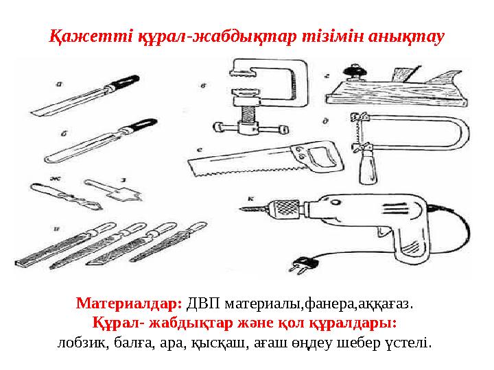 Қажетті құрал-жабдықтар тізімін анықтау Материалдар: ДВП материалы,фанера,аққағаз. Құрал- жабдықтар және қол құралдары: лобзи