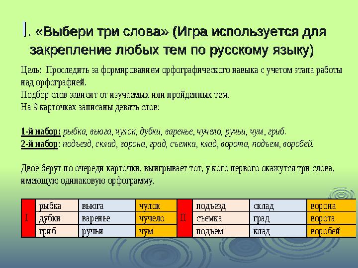 II . «Выбери три слова» (Игра используется для . «Выбери три слова»