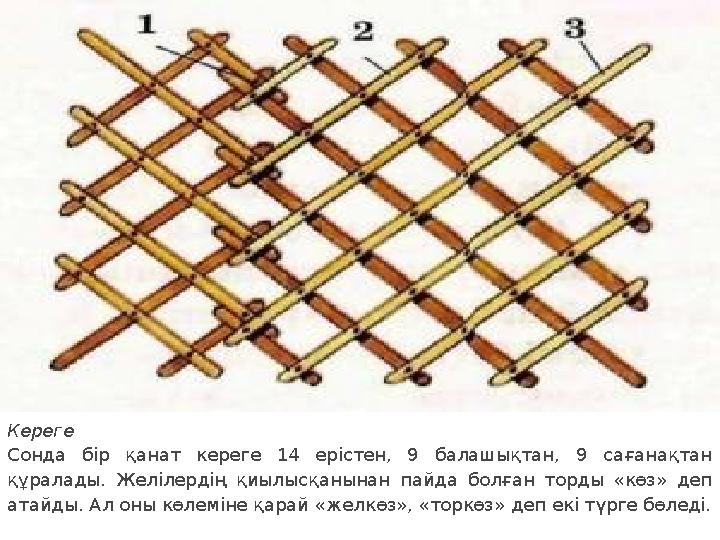 Кереге Сонда бір қанат кереге 14 ерістен, 9 балашықтан, 9 сағанақтан құралады. Желілердің қиылысқанынан пайда болғ Кереге Сонда бір қанат кереге 14 ерістен, 9 балашықтан, 9 сағанақтан құралады. Желілердің қиылысқанынан пайда болғ