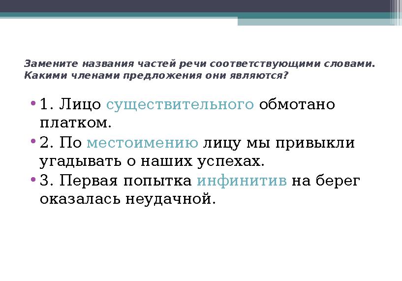 Замените названия частей речи соответствующими словами. Какими членами предложения они являются? • 1. Лицо существительного о