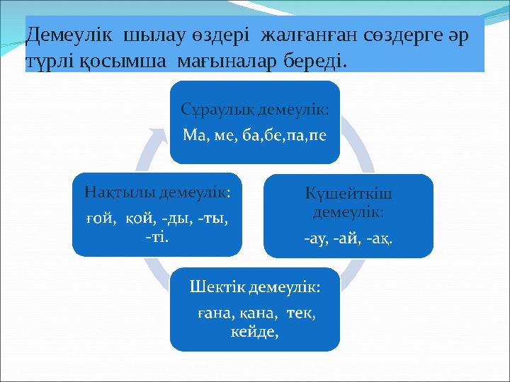 Демеулік шылау өздері жалғанған сөздерге әр түрлі қосымша мағыналар береді.