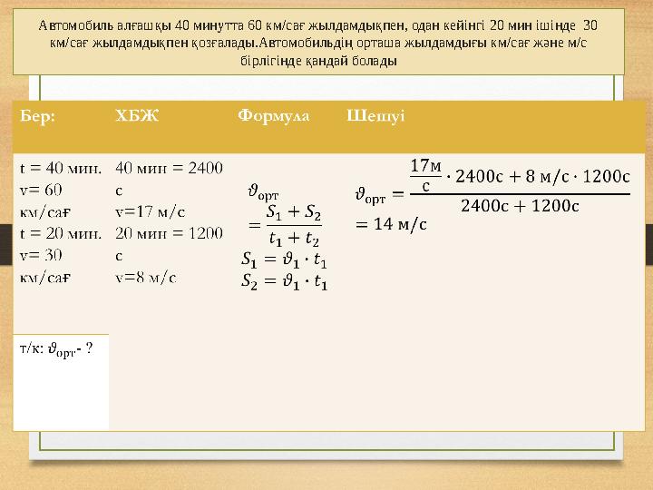 Автомобиль ал ғашқы 40 минутта 60 км/сағ жылдамдықпен, одан кейінгі 20 мин ішінде 30 км/сағ жылдамдықпен қозғалады.Автомобильд