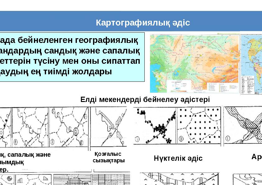 Картографиялық әдіс Картада бейнеленген географиялық нысандардың сандық және сапалық қасиеттерін түсіну мен оны сипаттап та
