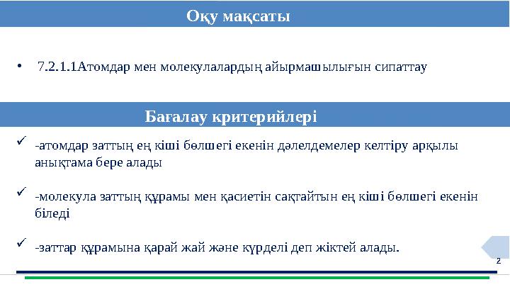 2• 7.2.1.1Атомдар мен молекулалардың айырмашылығын сипаттау Оқу мақсаты Ба ғалау критерийлері  -атомдар заттың ең кіші бөлшег