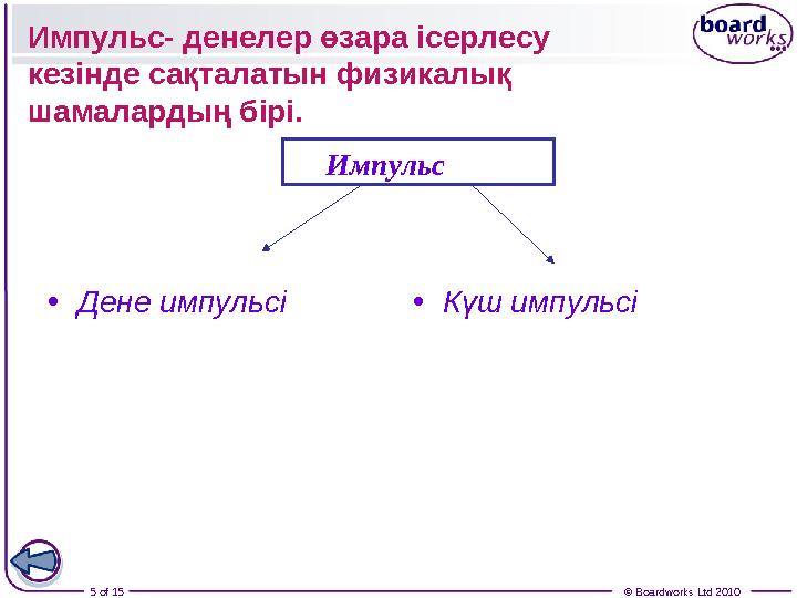 5 of 15 © Boardworks Ltd 2010Импульс- денелер өзара ісерлесу кезінде сақталатын физикалық шамалардың бірі. • Дене импульсі •