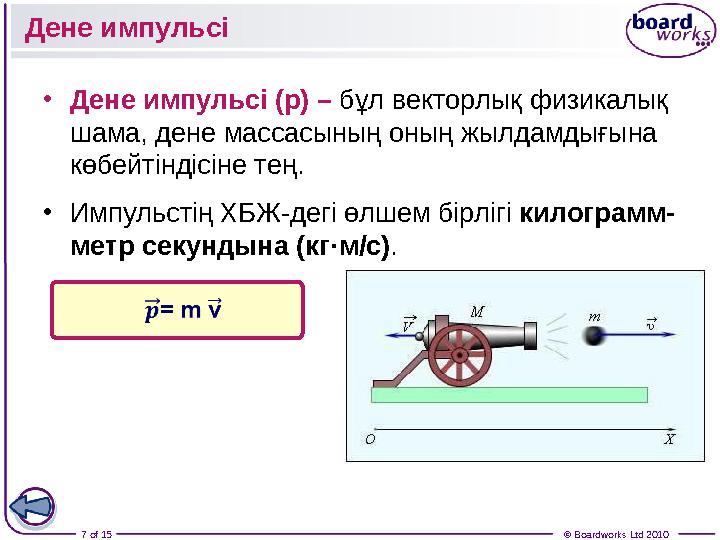 7 of 15 © Boardworks Ltd 2010Дене импульсі • Дене импульсі (p) – бұл векторлық физикалық шама, дене массасының оның жылдамд
