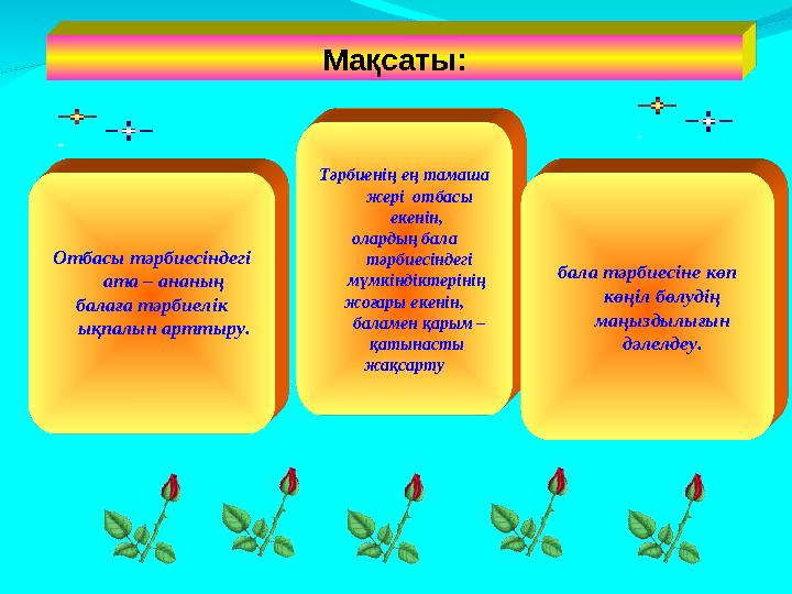 Мақсаты: Отбасы тәрбиесіндегі ата – ананың балаға тәрбиелік ықпалын арттыру. Тәрбиенің ең тамаша жері отбасы екенін, ола