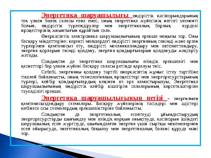 Энергетика шаруашылығы өндірістік кәсіпорындарының тек үлкен бөлек саласы ғана емес, оның энергетика жүйесінің нег