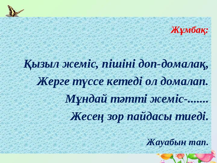 Жұмбақ: Қызыл жеміс, пішіні доп-домалақ, Жерге түссе кетеді ол домалап. Мұндай тәтті жеміс-....... Жесең зор пайдасы тиеді. Жауа