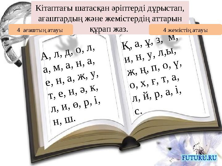 Кітаптағы шатасқан әріптерді дұрыстап, ағаштардың және жемістердің аттарын құрап жаз. А , л , д , о , л , а , м , а , н , а