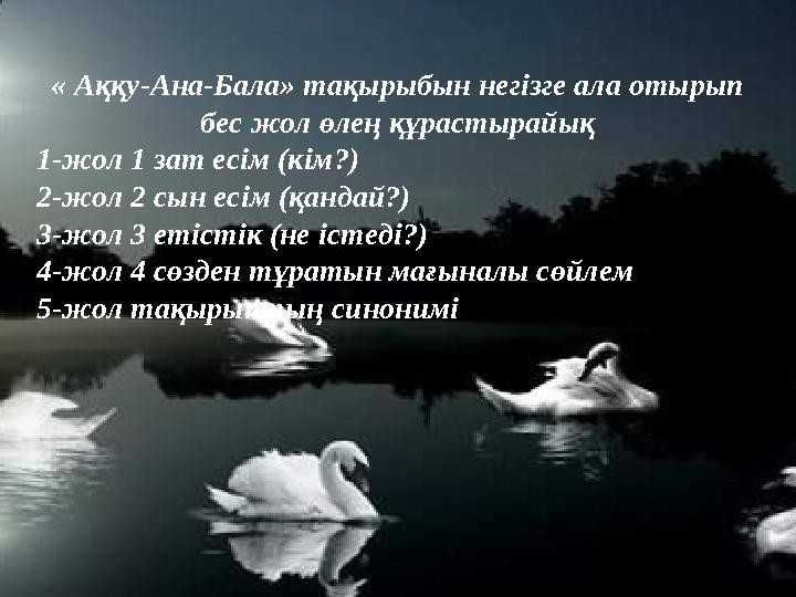 « Аққу-Ана-Бала» тақырыбын негізге ала отырып бес жол өлең құрастырайық 1-жол 1 зат есім (кім?)