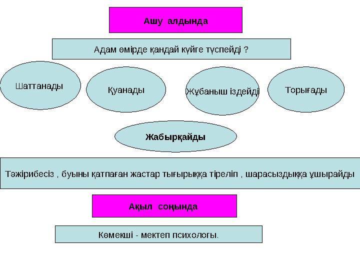 Адам өмірде қандай күйге түспейді ? Ашу алдында Шаттанады Қуанады Жұбаныш іздейді Торығады Жабырқайды Тәжірибесіз , буыны қатпа