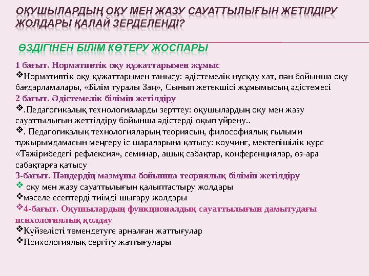 1 бағыт. Нормативтік оқу құжаттарымен жұмыс  Нормативтік оқу құжаттарымен танысу: әдістемелік нұсқау хат, пән бойынша оқу бағд