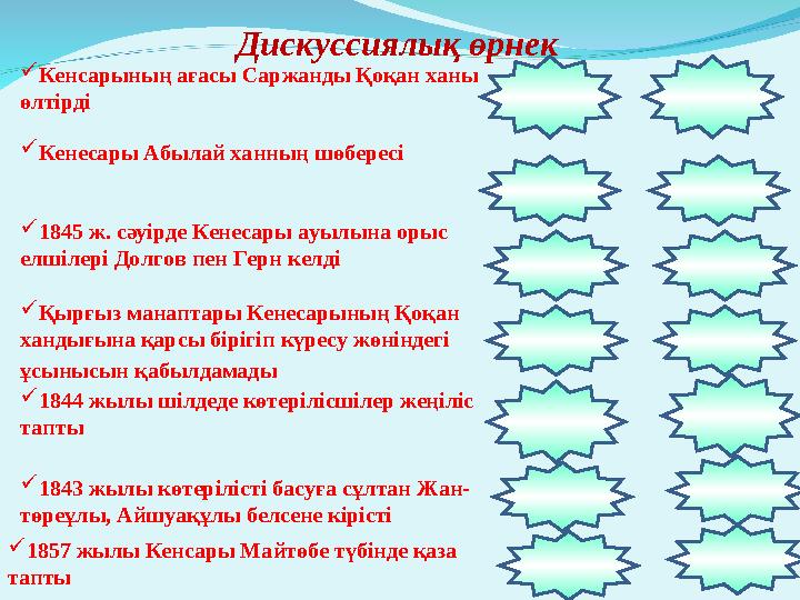 Дискуссиялық өрнек  Кенсарының ағасы Саржанды Қоқан ханы өлтірді  Кенесары Абылай ханның шөбересі  1845 ж. сәуірде Кенес