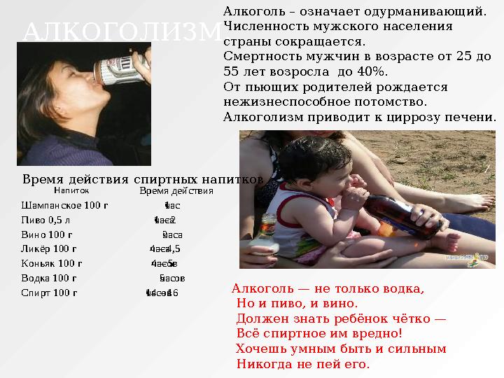АЛКОГОЛИЗМ. Алкоголь – означает одурманивающий. Численность мужского населения страны сокращается. Смертность мужчин в возраст