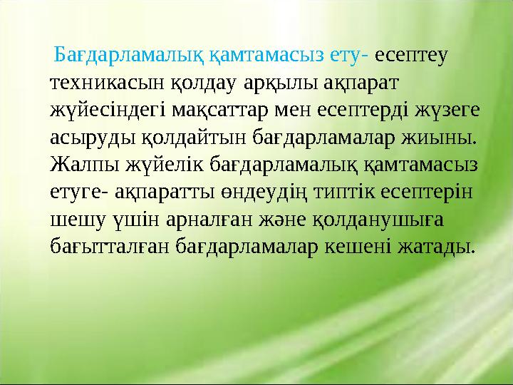 Бағдарламалық қамтамасыз ету- есептеу техникасын қолдау арқылы ақпарат жүйесіндегі мақсаттар мен есептерді жүзеге асыру