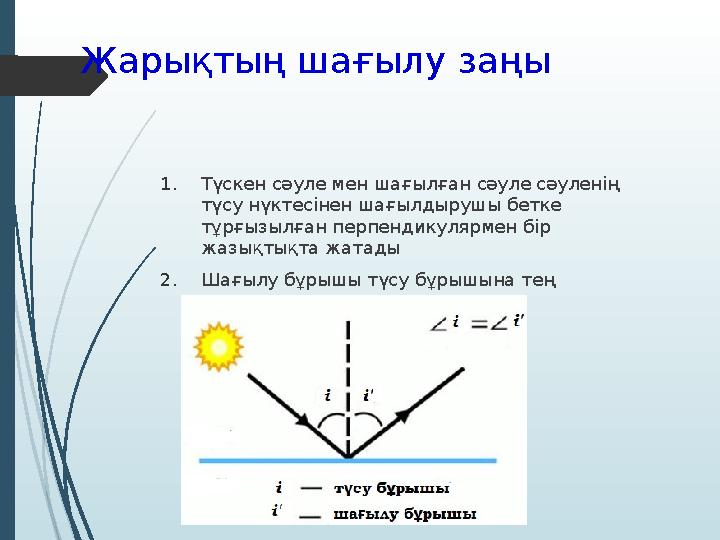 Жарықтың шағылу заңы 1. Түскен сәуле мен шағылған сәуле сәуленің түсу нүктесінен шағылдырушы бетке тұрғызылған перпендикулярме