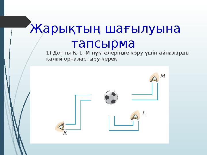 Жарықтың шағылуына тапсырма 1) Допты К, L, M нүктелерінде көру үшін айналарды қалай орналастыру керек