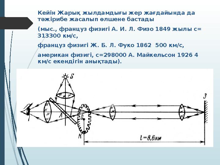 Кейін Жарық жылдамдығы жер жағдайында да тәжірибе жасалып өлшене бастады (мыс., француз физигі А. И. Л. Физо 1849 жылы с= 313