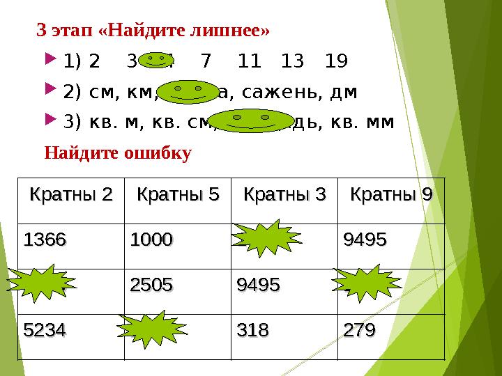 3 этап «Найдите лишнее»  1) 2 3 4 7 11 13 19  2) см, км, длина, сажень, дм  3) кв. м, кв. см, площадь, к