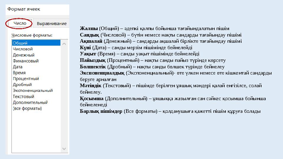 Жалпы (Общий) – әдепкі қалпы бойынша тағайындалатын пішім Сандық (Числовой) – бүтін немесе нақты сандарды тағайындау пішімі Ақ