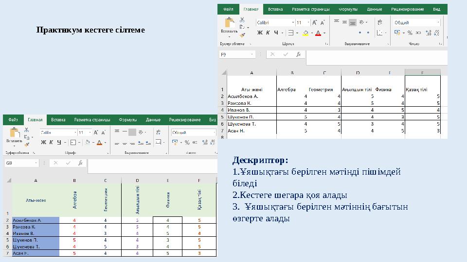 Практикум кестеге сілтеме Дескриптор: 1. Ұяшықтағы берілген мәтінді пішімдей біледі 2. Кестеге шегара қоя алады 3. Ұяшықтағы б