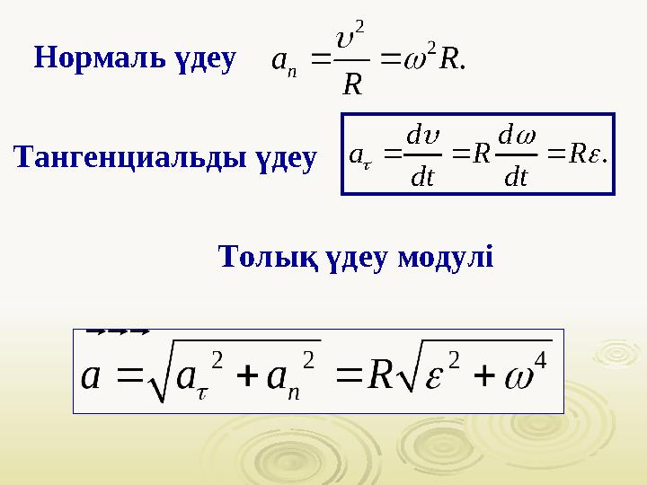 Тангенциальды үдеу. d d a R R dt dt        Толық үдеу модуліНормаль үдеу