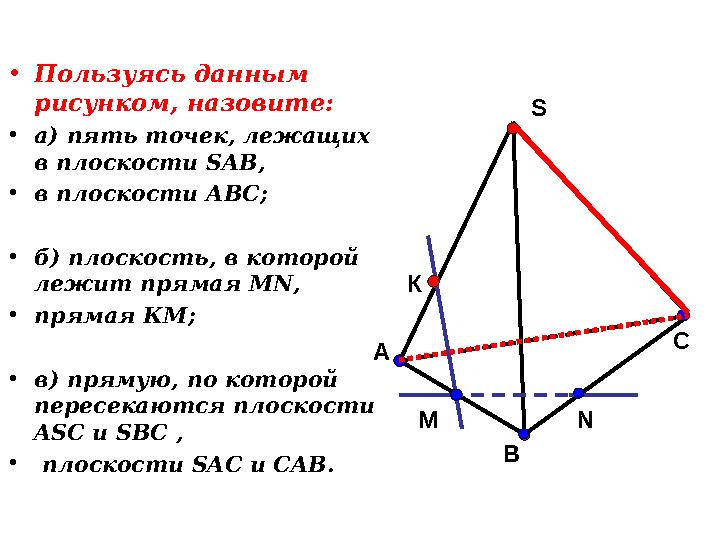 • Пользуясь данным рисунком, назовите: • а) пять точек, лежащих в плоскости SAB , • в плоскости АВС; • б) плоскость, в котор