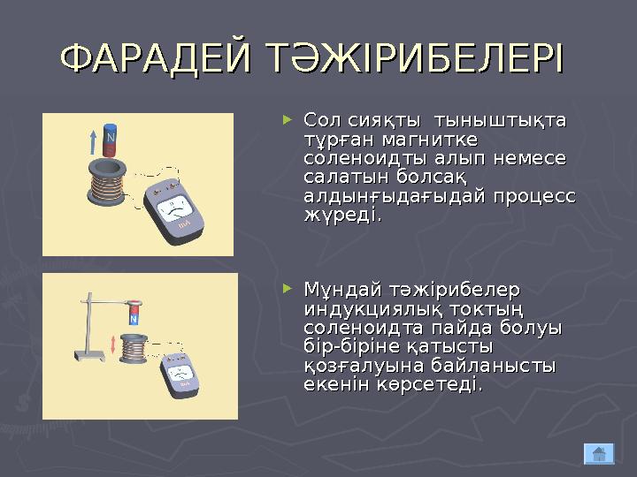 ФАРАДЕЙ ТӘЖІРИБЕЛЕРІ ФАРАДЕЙ ТӘЖІРИБЕЛЕРІ ► Сол сияқты тыныштықта Сол сияқты тыныштықта тұрған магнитке тұрған магнитке сол