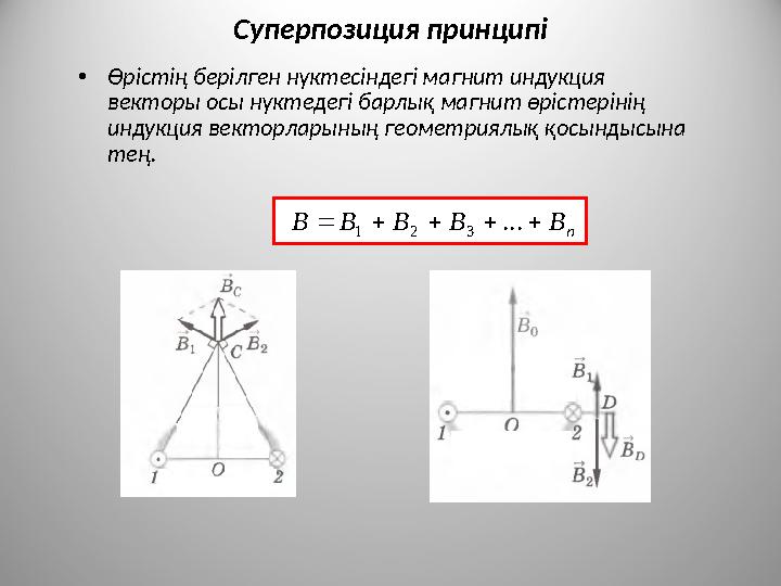 Суперпозиция принципі • Өрістің берілген нүктесіндегі магнит индукция векторы осы нүктедегі барлық магнит өрістерінің индукция